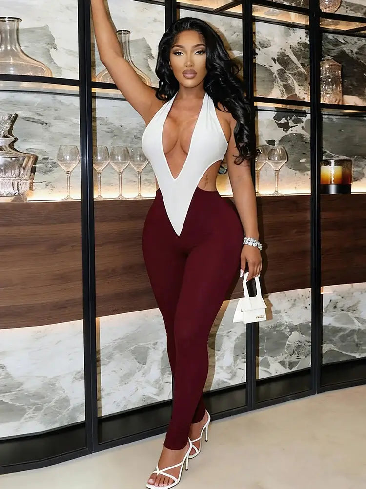 Sculpted Colorblock Plunge Halter Bodycon Jumpsuit Rose In Concrete 🥀
