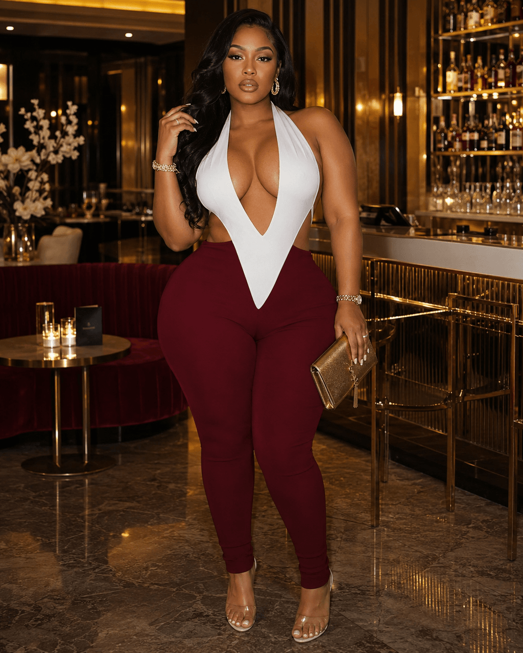 Sculpted Colorblock Plunge Halter Bodycon Jumpsuit Rose In Concrete 🥀