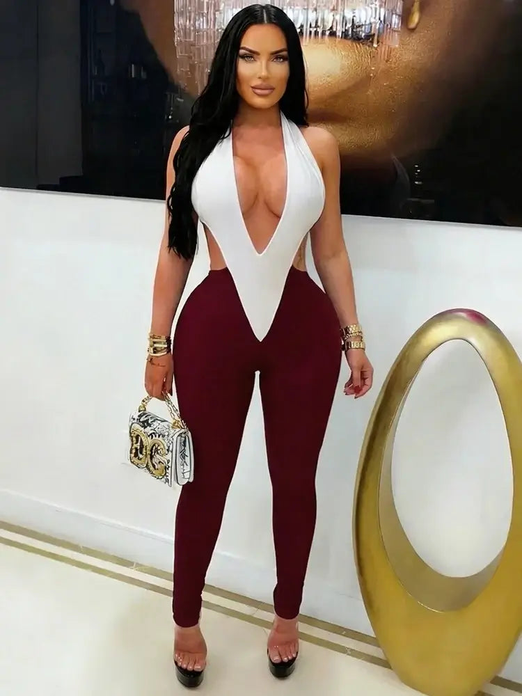 Sculpted Colorblock Plunge Halter Bodycon Jumpsuit Rose In Concrete 🥀