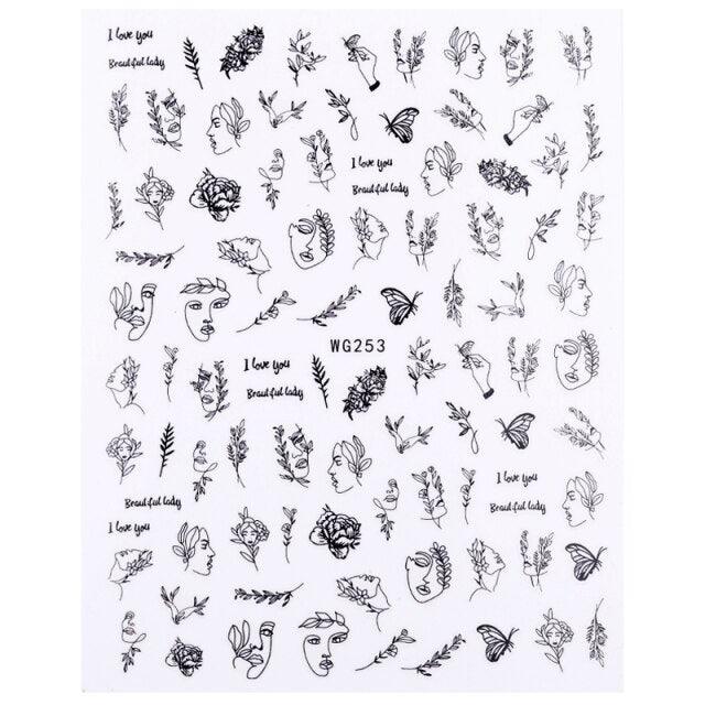 Sexy Lady Pattern 3D Nail Stickers Character Image Decals Slider Valentine Black White Nail Art Decoration Strip Line Nail Decal Self-Adhesive 3D Wave Design Decoration for Women Girls Art Stickers Decal Decoration Metallic Curve Strip Line Nail