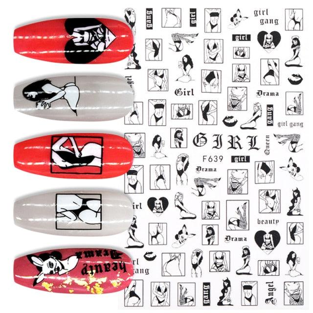 Sexy Lady Pattern 3D Nail Stickers Character Image Decals Slider Valentine Black White Nail Art Decoration Strip Line Nail Decal Self-Adhesive 3D Wave Design Decoration for Women Girls Art Stickers Decal Decoration Metallic Curve Strip Line Nail