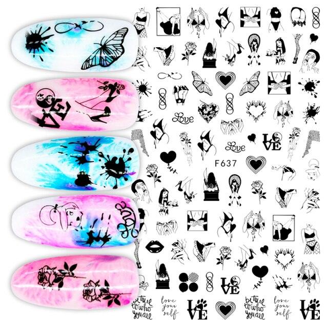 Sexy Lady Pattern 3D Nail Stickers Character Image Decals Slider Valentine Black White Nail Art Decoration Strip Line Nail Decal Self-Adhesive 3D Wave Design Decoration for Women Girls Art Stickers Decal Decoration Metallic Curve Strip Line Nail