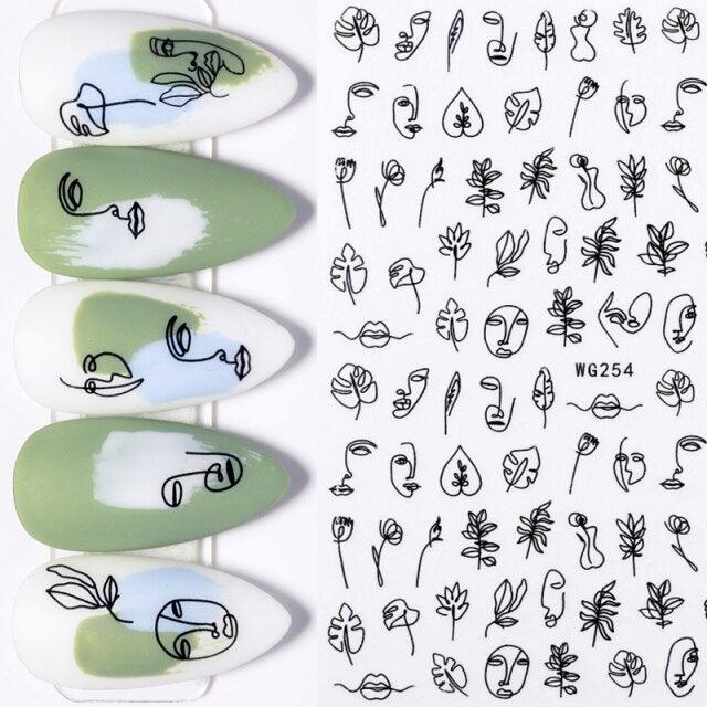 Sexy Lady Pattern 3D Nail Stickers Character Image Decals Slider Valentine Black White Nail Art Decoration Strip Line Nail Decal Self-Adhesive 3D Wave Design Decoration for Women Girls Art Stickers Decal Decoration Metallic Curve Strip Line Nail