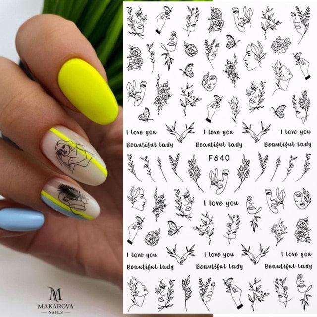 Sexy Lady Shaped 3D Nail Stickers Character Face Image Leaves Flower Decals Slider Black White Nail Art Decoration Manicure Decoration Nail Art Supplies 3D Self-Adhesive Nail Decals Designer Nail Stickers for Acrylic Nails