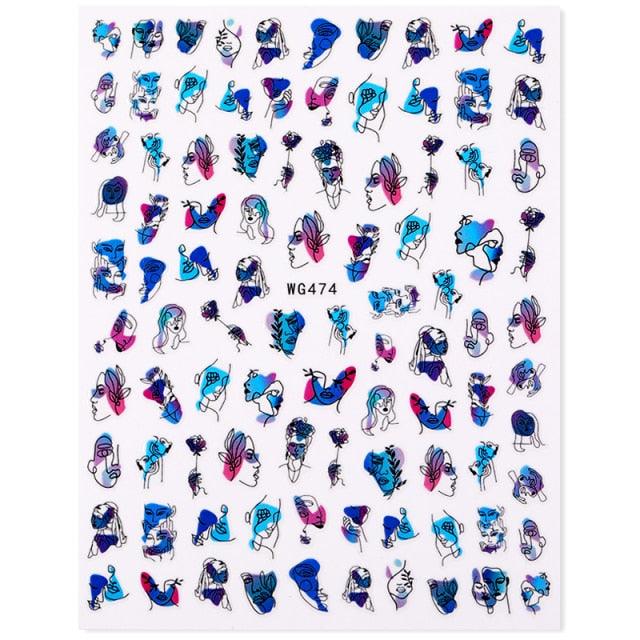Sexy Lady Shaped 3D Nail Stickers Character Face Image Leaves Flower Decals Slider Black White Nail Art Decoration Manicure Decoration Nail Art Supplies 3D Self-Adhesive Nail Decals Designer Nail Stickers for Acrylic Nails