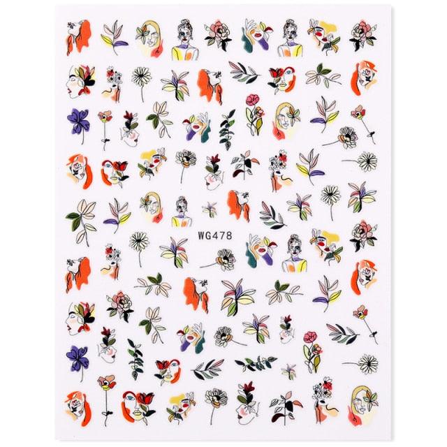 Sexy Lady Shaped 3D Nail Stickers Character Face Image Leaves Flower Decals Slider Black White Nail Art Decoration Manicure Decoration Nail Art Supplies 3D Self-Adhesive Nail Decals Designer Nail Stickers for Acrylic Nails
