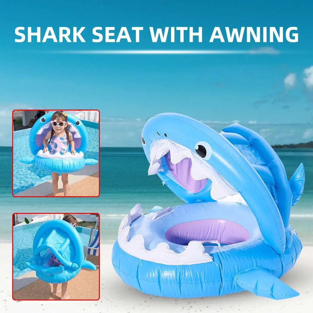 Shark Seat Swimming Ring With Awning — Inflatable Baby Pool Float, Sun Protection, PVC