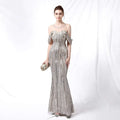 Silver Off-the-Shoulder Sequined Long Dress