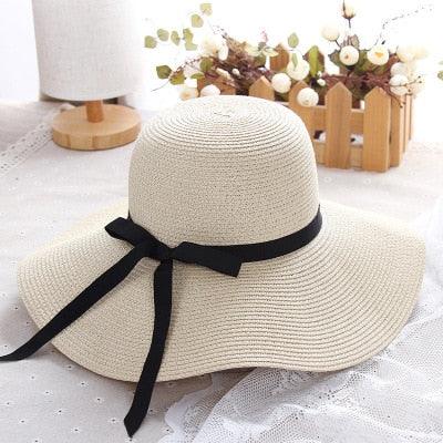 Simple Foldable Wide Floppy Girls Straw Hat Sun Hat Classic New Trendy Big Beach Summer Hats Retro Design Breathable Summer Hat UV Protection Beach Women Travel Cap Portable Female Cap Stevvex