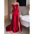 Slit Red Extra Long Satin Strapless Evening Dress