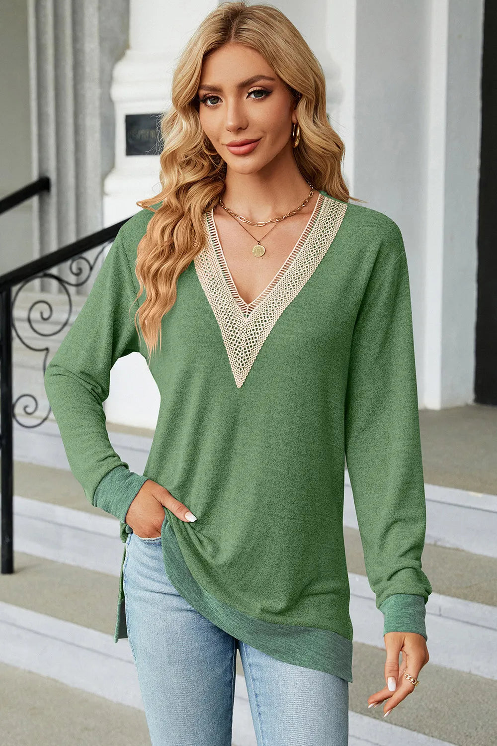 Slit V-Neck Long Sleeve T-Shirt V.I.P Digital Presence