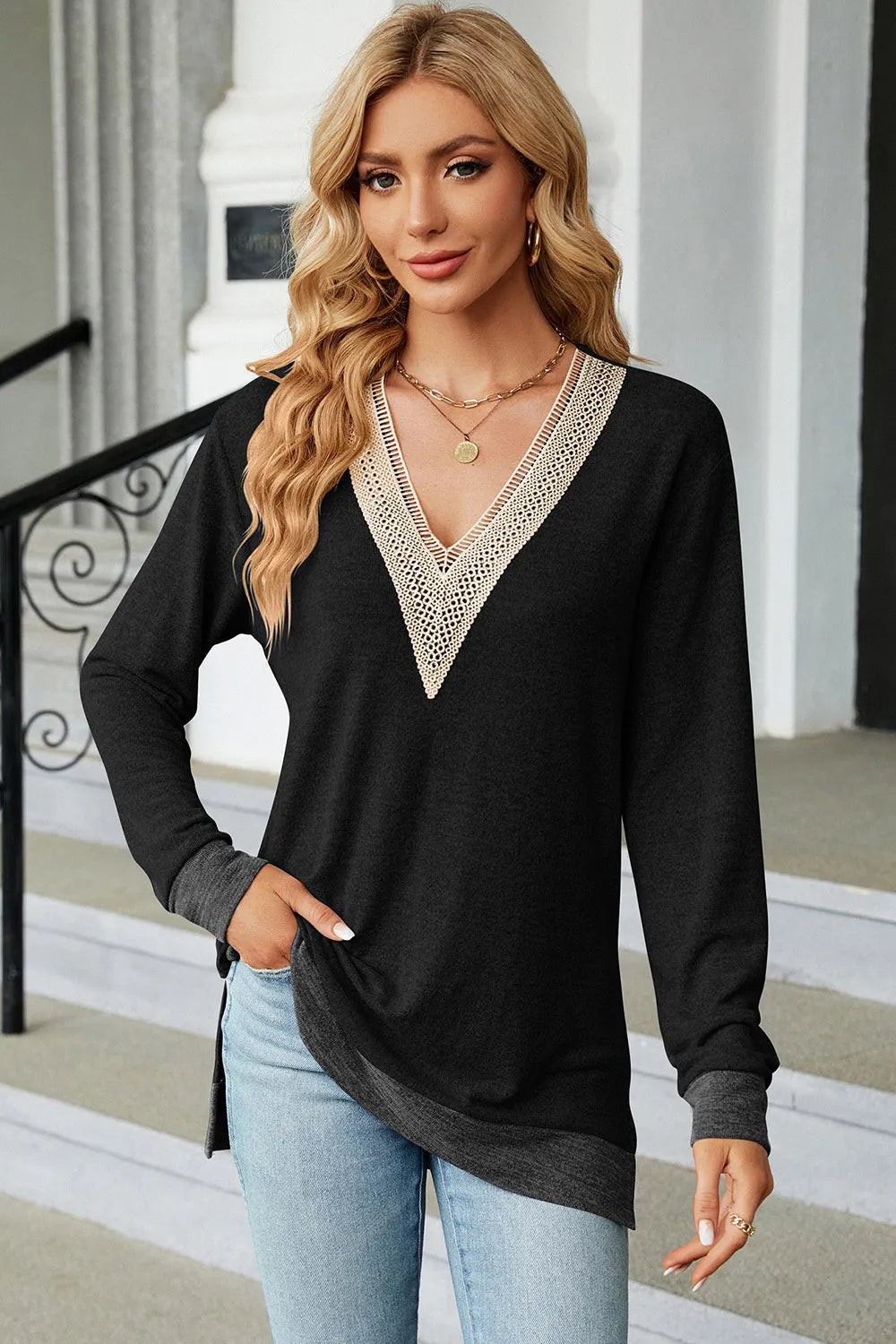Slit V-Neck Long Sleeve T-Shirt V.I.P Digital Presence