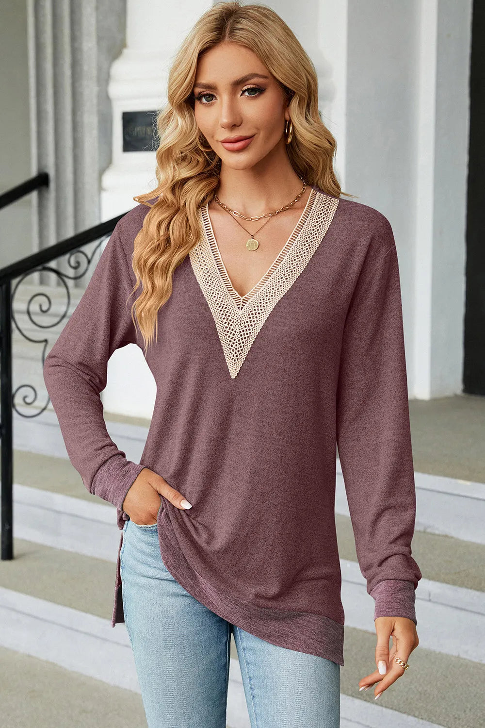 Slit V-Neck Long Sleeve T-Shirt V.I.P Digital Presence