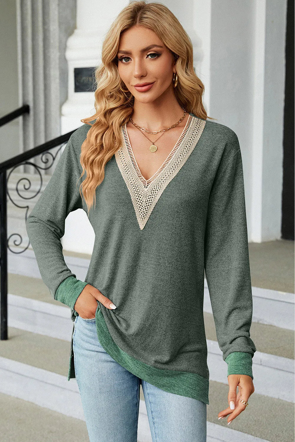 Slit V-Neck Long Sleeve T-Shirt V.I.P Digital Presence