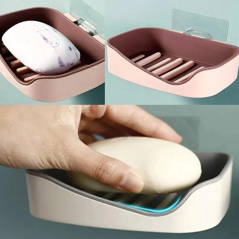 Soap Rack No Drilling Wall Mounted Double Layer Soap Holder Soap Sponge Dish Bathroom Accessories Soap Dishes Self Adhesive Soap Dish Bar Soap Holder Soap Dishes Tray Saver Case Box for Shower Bathroom Kitchen Dish Drainer Drying Rack