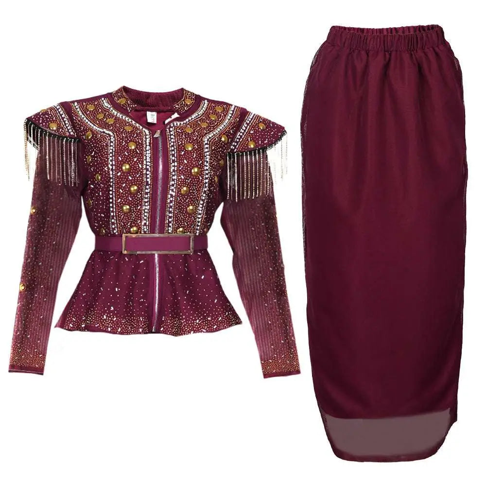 Solid Color Hot Drilling Plus Size Two Piece Set