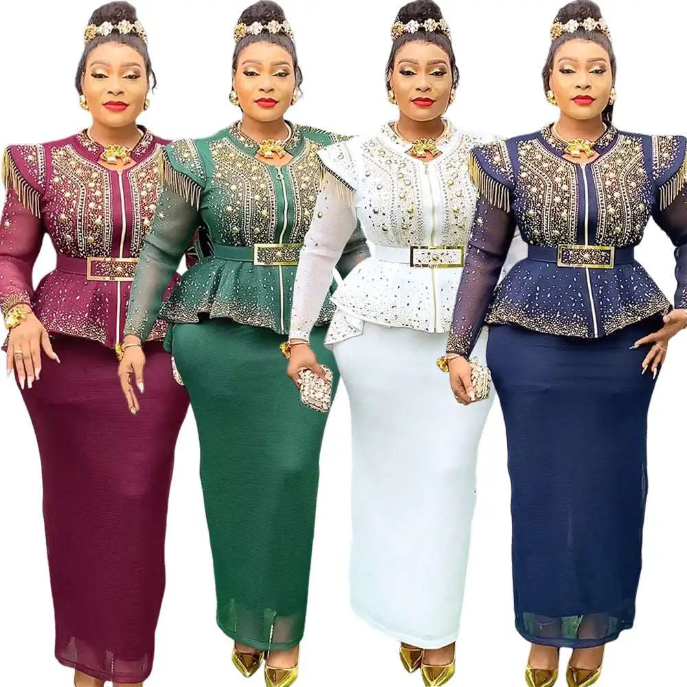 Solid Color Hot Drilling Plus Size Two Piece Set