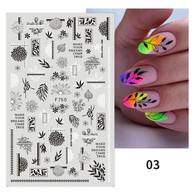 Spring Abtract Stripe Lines Flower Leaves 3D Nail Sticker Black White Butterfly Transfer Decals Slider Nail Art Decoration Decals Sticker For Pretty Girl Self-Adhesive Nail Decals Designer Nail Stickers for Acrylic Nail Art Decals Water Transfer Nail
