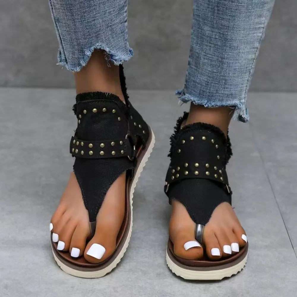 Studded Raw Hem Flat Sandals V.I.P Digital Presence