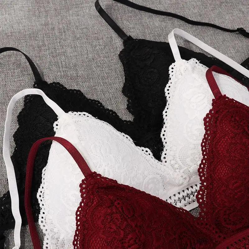 Stunning Women's French Style Lace Bra Girls Triangle Cup Lingerie With Deep V Wireless Underwear Soft Thin Seamless Bra Stevvex
