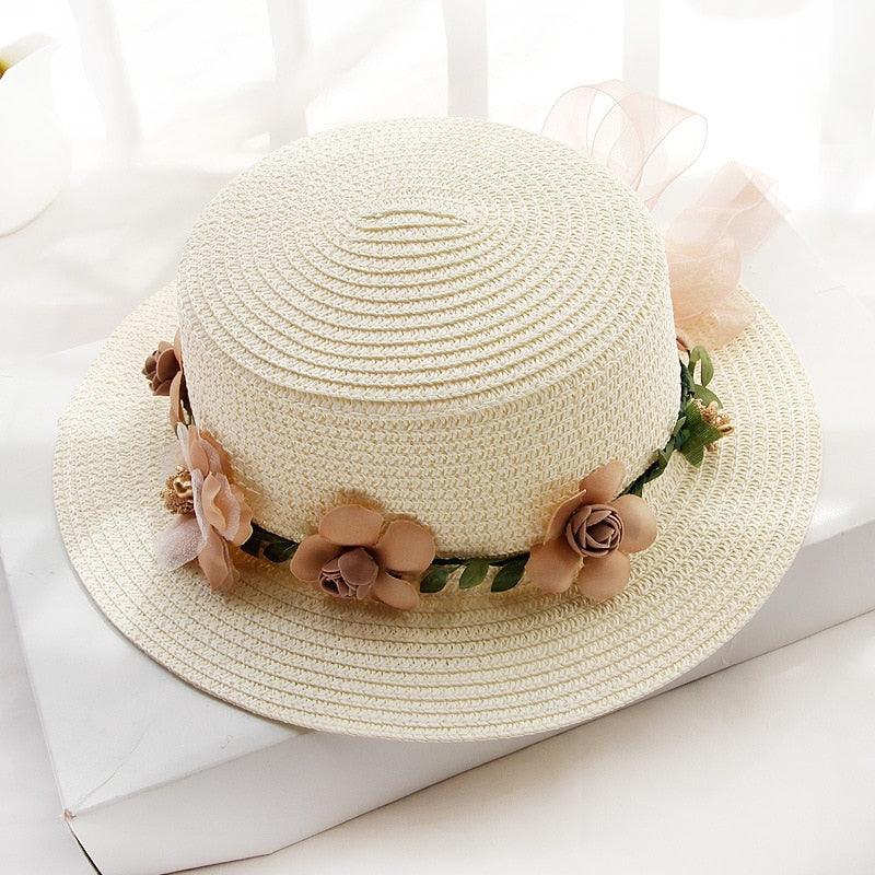 Summer New Sun Hat Stylish Bowknot Straw Hat For Women Beach Caps Parent-child Summer New Women's Sun Hat Bucket Cap Beige Flowers Ribbon Party Straw Hat For Women Stevvex