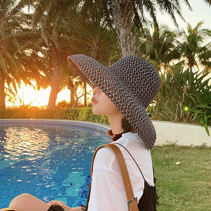 Summer Vintage Style Hat Women Girls Solid Color Beach Summer Big Sun Hat Breathable Elegant Color Anti-UV Holiday Beach Hat Holiday  Big Sun Cap For Traveling Charming Design Stevvex