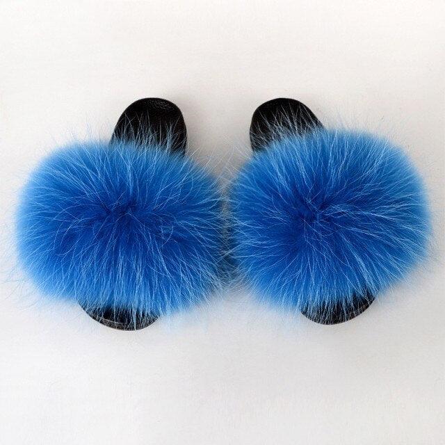 Summer Women Raccoon Fur Slippers Plush Slides Furry Sandals Fluffy House Shoes Girl's Cute Flip Flops Sandal With Soft Furry Faux Fox Fur House Outdoor Multicolor Slippers