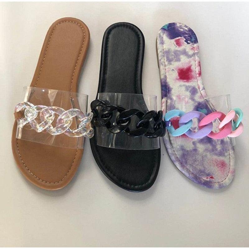 Summer Women's Slippers Flats Metal Chain Slides Square Toe Flip Flops Woman Beach Slipper Beach Open Toe Flat Slippers Fashion Golden Chain Luxury Slide Flip Flops Slip On Outdoor Slipper