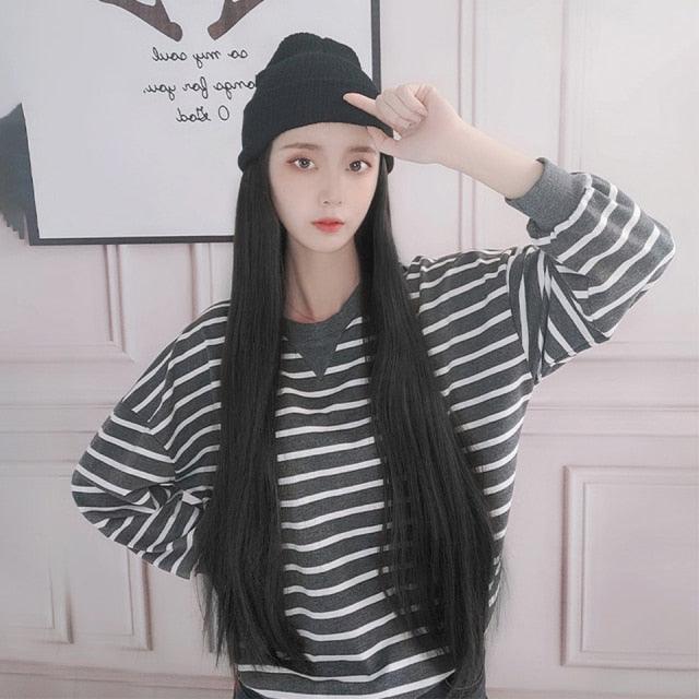 Synthetic Long Straight Knitted Hat Hair Wigs For Women Black Hat Hair Extension Wigs Cap With Hair Naturally Connect Hair Wigs For Black Women Cosplay Wigs For Women Stevvex