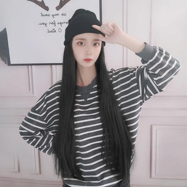 Synthetic Long Straight Knitted Hat Hair Wigs For Women Black Hat Hair Extension Wigs Cap With Hair Naturally Connect Hair Wigs For Black Women Cosplay Wigs For Women Stevvex