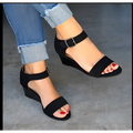 Tan Suede Wedge Buckle Strap Plus Size Sandals