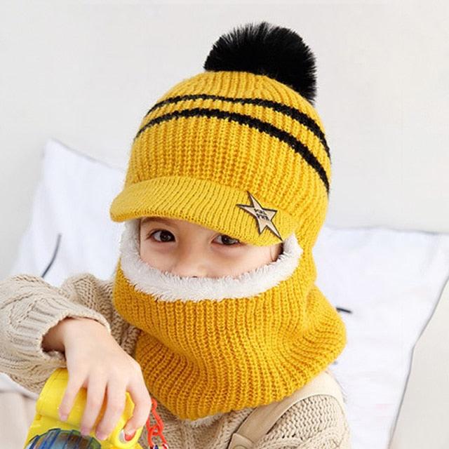 Thick Knitted Acrylic Winter Beanie Hats For Kids Child Outdoor Warm Balaclava Cap Girls Boys Bib Mask Face Cover Hairball Hat  Beanie Cap Mask Scarf Hat Set Outdoor Sport Warm Beanies Hat For Men Knitted Hats Bandana Hiking Camping Kid Neck Warmer Cap Stevvex