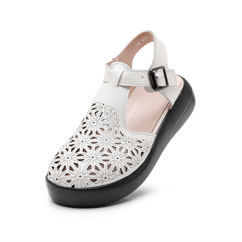 Thick soled toe sandals women's genuine leather sponge cake wedge heel hollowed out hole shoes flat bottomed women's shoes V.I.P Digital Presence