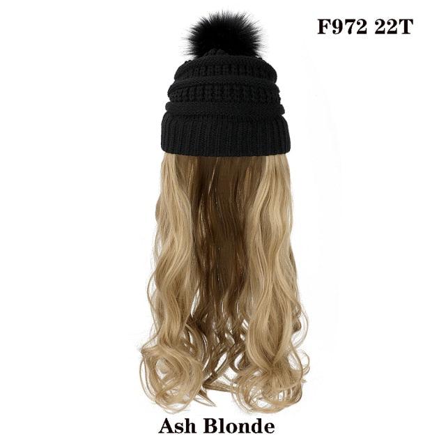 Trendy Hat Wig Synthetic Long Wavy Wigs with Beret Hat Knitted Fashion black Autumn Winter Cap Hair Extensions Wigs For Black Women Cosplay Wigs For Women Stevvex