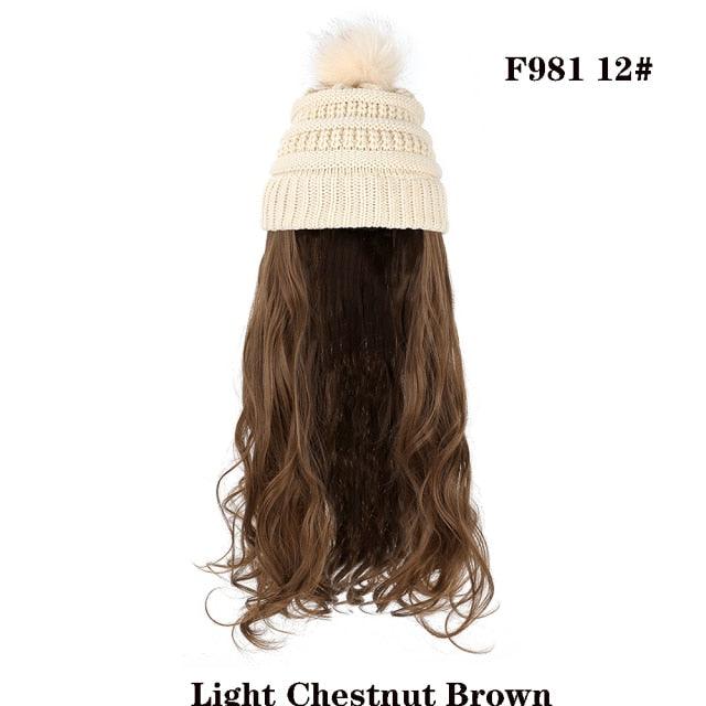 Trendy Hat Wig Synthetic Long Wavy Wigs with Beret Hat Knitted Fashion black Autumn Winter Cap Hair Extensions Wigs For Black Women Cosplay Wigs For Women Stevvex