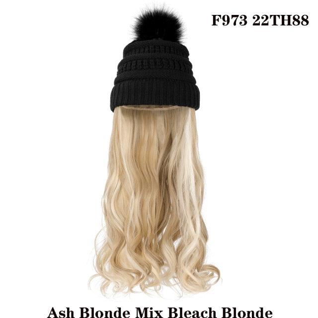 Trendy Hat Wig Synthetic Long Wavy Wigs with Beret Hat Knitted Fashion black Autumn Winter Cap Hair Extensions Wigs For Black Women Cosplay Wigs For Women Stevvex