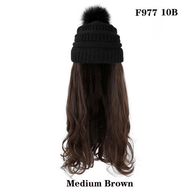 Trendy Hat Wig Synthetic Long Wavy Wigs with Beret Hat Knitted Fashion black Autumn Winter Cap Hair Extensions Wigs For Black Women Cosplay Wigs For Women Stevvex
