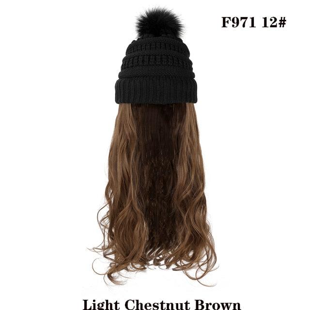 Trendy Hat Wig Synthetic Long Wavy Wigs with Beret Hat Knitted Fashion black Autumn Winter Cap Hair Extensions Wigs For Black Women Cosplay Wigs For Women Stevvex