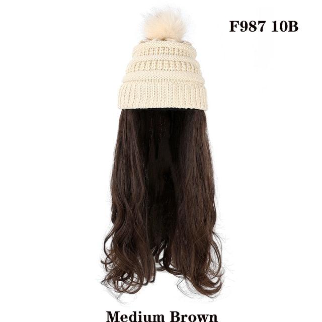 Trendy Hat Wig Synthetic Long Wavy Wigs with Beret Hat Knitted Fashion black Autumn Winter Cap Hair Extensions Wigs For Black Women Cosplay Wigs For Women Stevvex