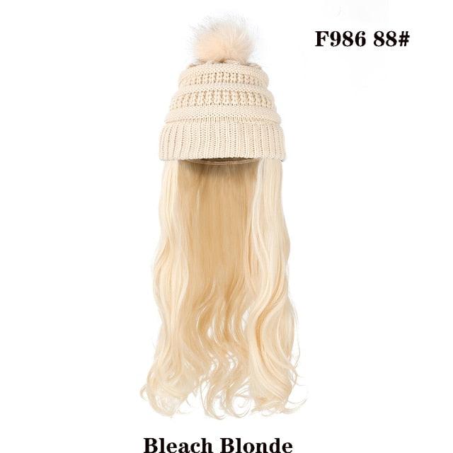 Trendy Hat Wig Synthetic Long Wavy Wigs with Beret Hat Knitted Fashion black Autumn Winter Cap Hair Extensions Wigs For Black Women Cosplay Wigs For Women Stevvex
