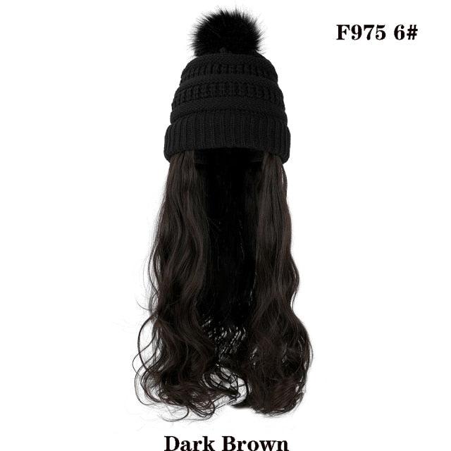 Trendy Hat Wig Synthetic Long Wavy Wigs with Beret Hat Knitted Fashion black Autumn Winter Cap Hair Extensions Wigs For Black Women Cosplay Wigs For Women Stevvex