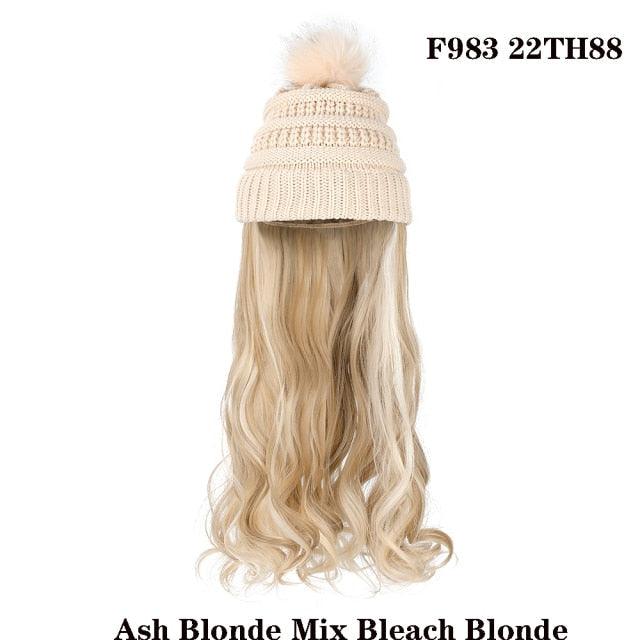 Trendy Hat Wig Synthetic Long Wavy Wigs with Beret Hat Knitted Fashion black Autumn Winter Cap Hair Extensions Wigs For Black Women Cosplay Wigs For Women Stevvex