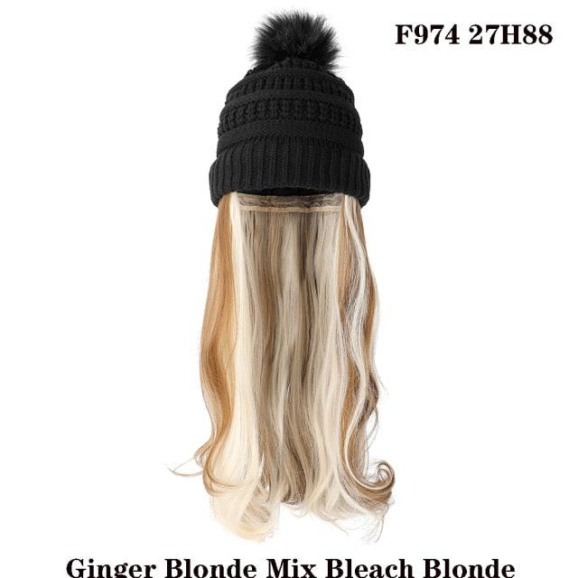 Trendy Hat Wig Synthetic Long Wavy Wigs with Beret Hat Knitted Fashion black Autumn Winter Cap Hair Extensions Wigs For Black Women Cosplay Wigs For Women Stevvex