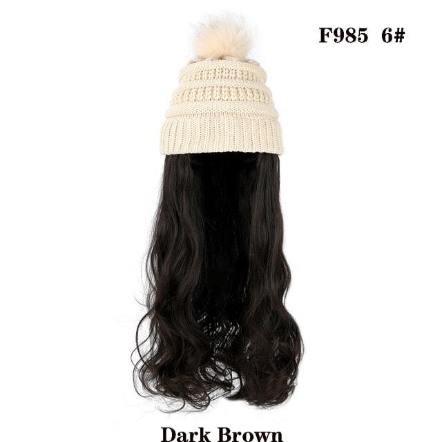 Trendy Hat Wig Synthetic Long Wavy Wigs with Beret Hat Knitted Fashion black Autumn Winter Cap Hair Extensions Wigs For Black Women Cosplay Wigs For Women Stevvex