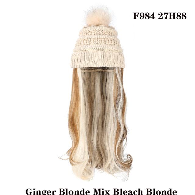 Trendy Hat Wig Synthetic Long Wavy Wigs with Beret Hat Knitted Fashion black Autumn Winter Cap Hair Extensions Wigs For Black Women Cosplay Wigs For Women Stevvex
