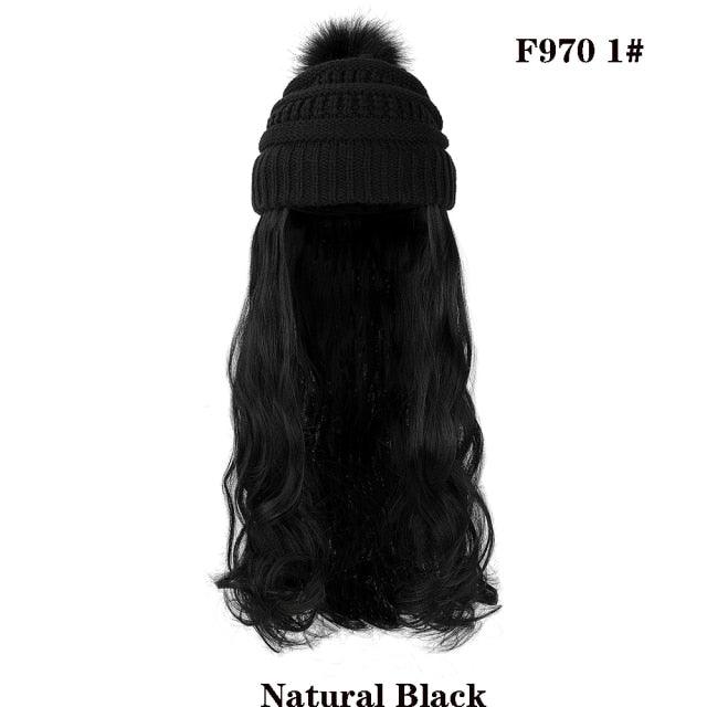 Trendy Hat Wig Synthetic Long Wavy Wigs with Beret Hat Knitted Fashion black Autumn Winter Cap Hair Extensions Wigs For Black Women Cosplay Wigs For Women Stevvex