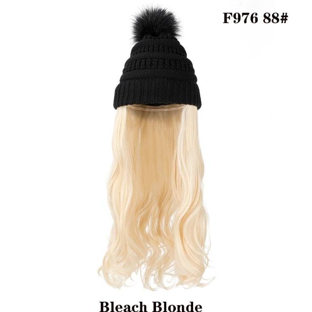 Trendy Hat Wig Synthetic Long Wavy Wigs with Beret Hat Knitted Fashion black Autumn Winter Cap Hair Extensions Wigs For Black Women Cosplay Wigs For Women Stevvex