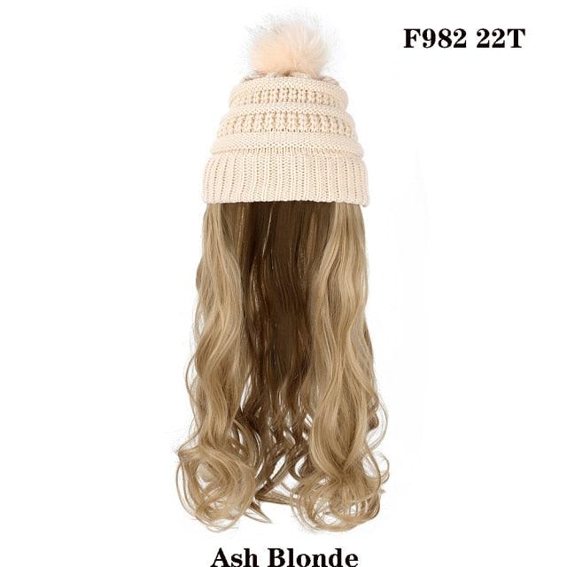 Trendy Hat Wig Synthetic Long Wavy Wigs with Beret Hat Knitted Fashion black Autumn Winter Cap Hair Extensions Wigs For Black Women Cosplay Wigs For Women Stevvex