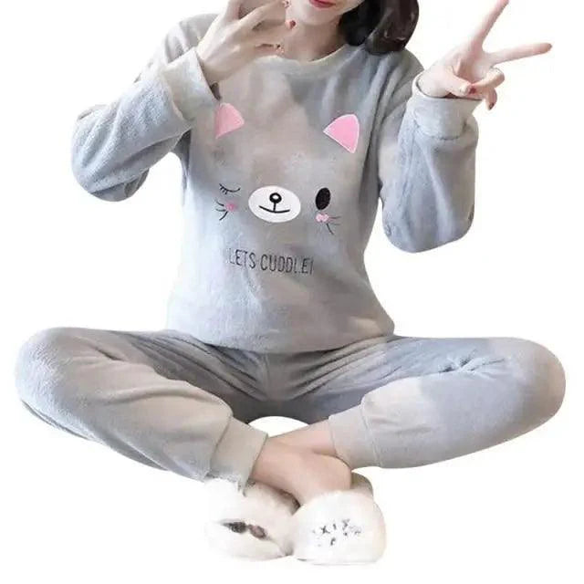 Trendy Pajama Women Thick Flannel Warm Female Winter Pajama Set Long Sleeve Full Trousers Two Piece Pajamas  Cartoon Pajamas Women Pajamas Set Sleepwear Autumn Plus Size Top Long Pant Sleepwear Girls Pajamas