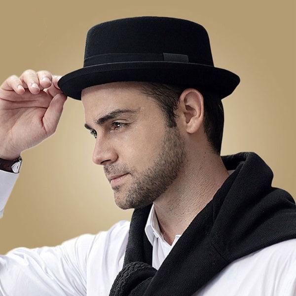 Vintage Pork Pie Hat Men Short Brim Cotton Pork Pie Hat Men's Porkpie Hats Flat Top Fedora Black Hat Mans Simple Gentlemen Party Hat Classic Design Soft Light Weight Hat Dress Hat Sun Hat Stevvex